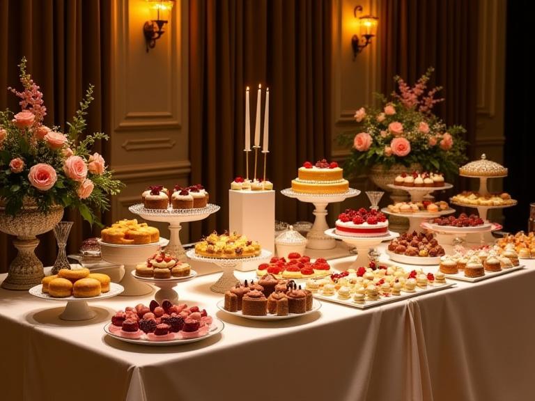 Allestimento di un tavolo di dolci per un evento privato.