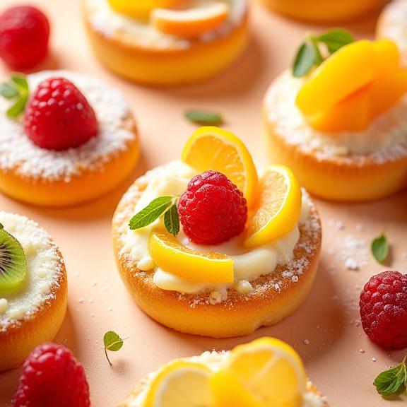 Pasticcini assortiti con frutta fresca di stagione.